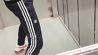 Risky jerk off in a public elevator